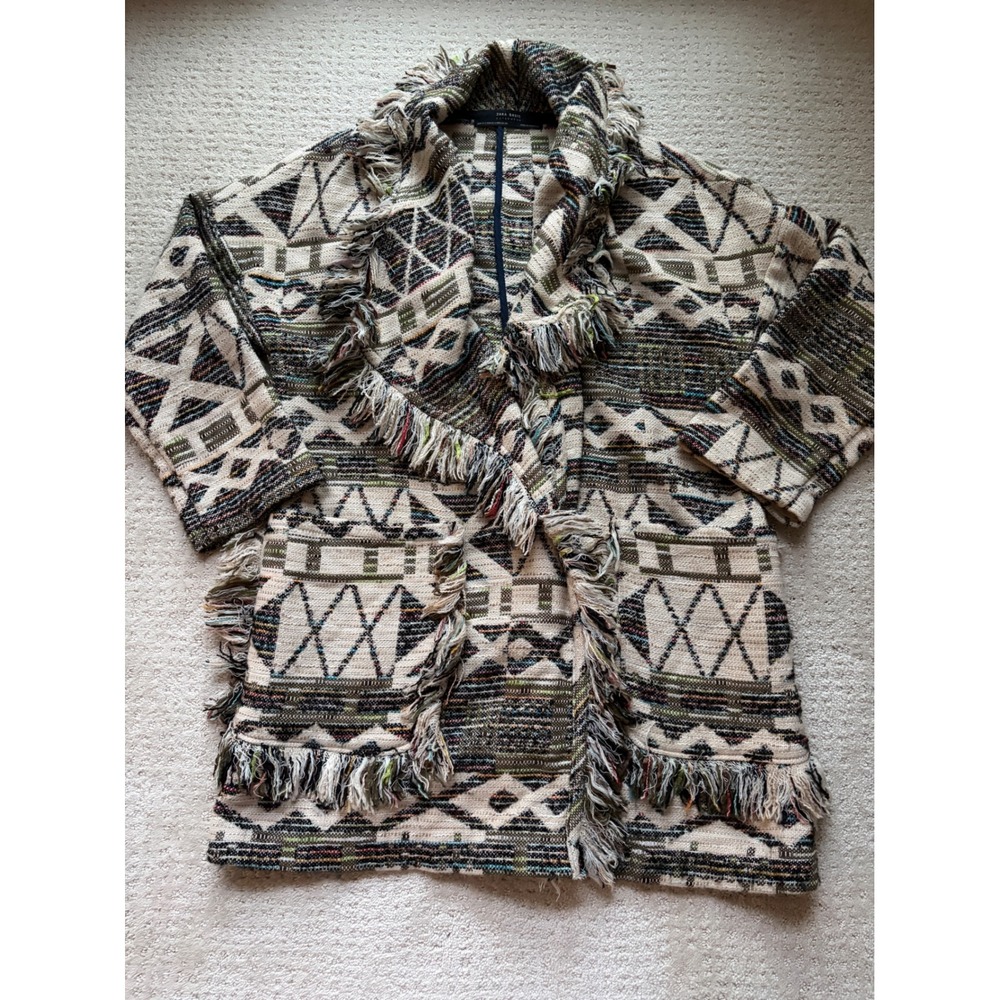 Zara Cardigan Coat XS S Multi Geometric Fringe Boho Southwestern Rustic